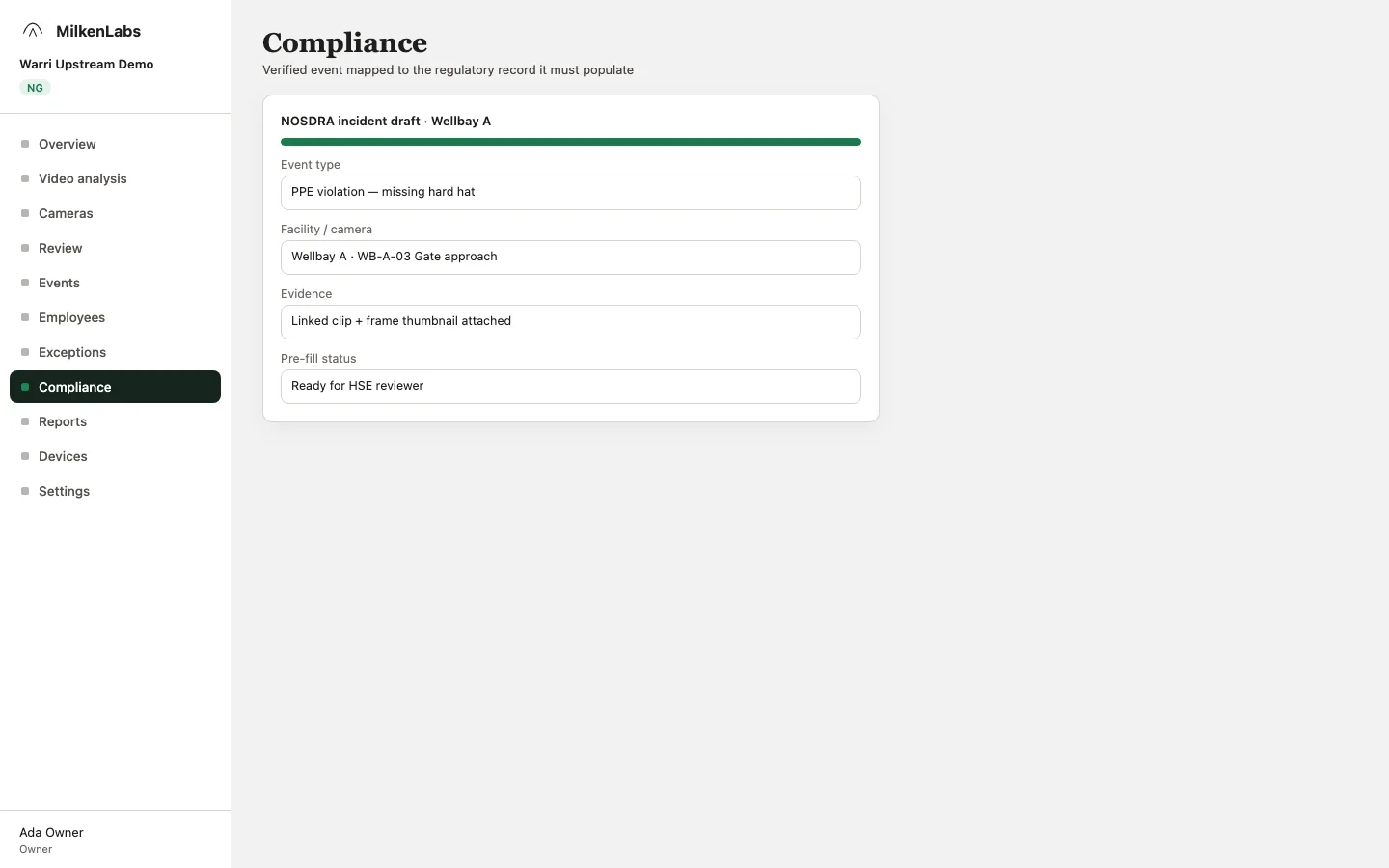 Verified event pre-filling a NOSDRA spill compliance record