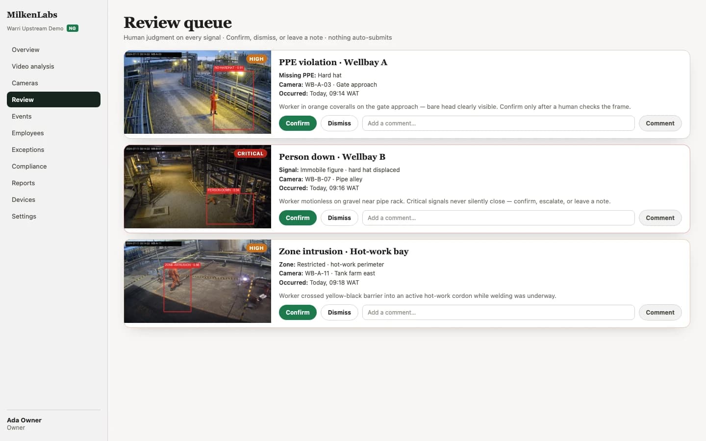 Review queue with events awaiting human verification for security, HSE, and operations